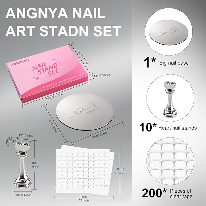 ANGNYA Nail Stand for Press Ons,Round Shape Super Magnetic Base Nail Holder for Painting Nails with 200 Pcs Reusable Double-Sided Tape for Nails Practice Nail Tools Home DIY Salon Supplies