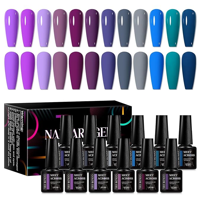MEET ACROSS 12pcs Gel Nail Polish Set,Soak Off UV LED Lamp Gel Nail Polish Kit,Fashion Shimmer Nail Art Design Gifts for Women Manicure Salon (Blue Purple)