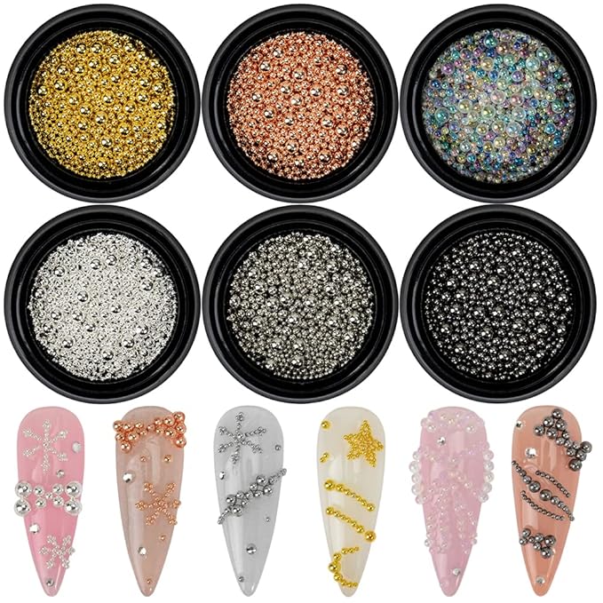 HNUIX Nail Beads - Mixed Size, 6 Colors, Round, Metal Steel Beads Nail Charms, Caviar Beads Nail Accessories for Acrylic Nails, Manicure DIY Crafts Decorations