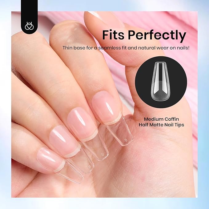 Beetles Gel Nail Tips 288 Pcs Medium Coffin Etch X Nail Tips 12 Sizes Half Matte Press On Nails Full Cover False Nails for Nail Extensions Friendly for Beginner Women