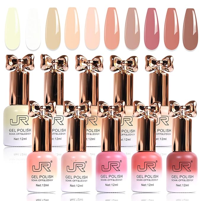 JR HEMA Free Gel Polish 12ml 10colors UV Jelly Nude Pink Gel Polish Set Soak off Gel Nail Polish Semi-Cured Long Lasting Polish Gifts for Women A