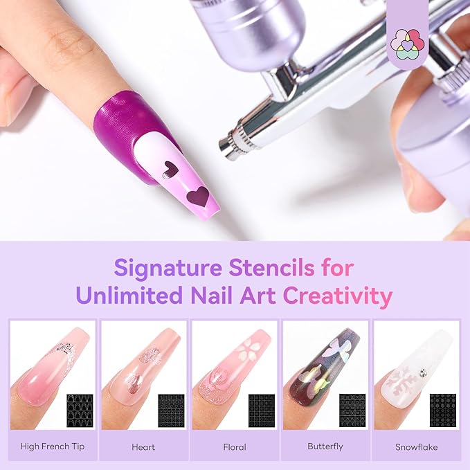 SAVILAND 7-in-1 Pro Airbrush Set: 6PSC Pink Airbrush Gel Nail Polish & Airbrush for Nails & Airbrush Cleaner & Airbrush Stencils & Protector for Fingers & Masks and Gloves Instant Nail Art