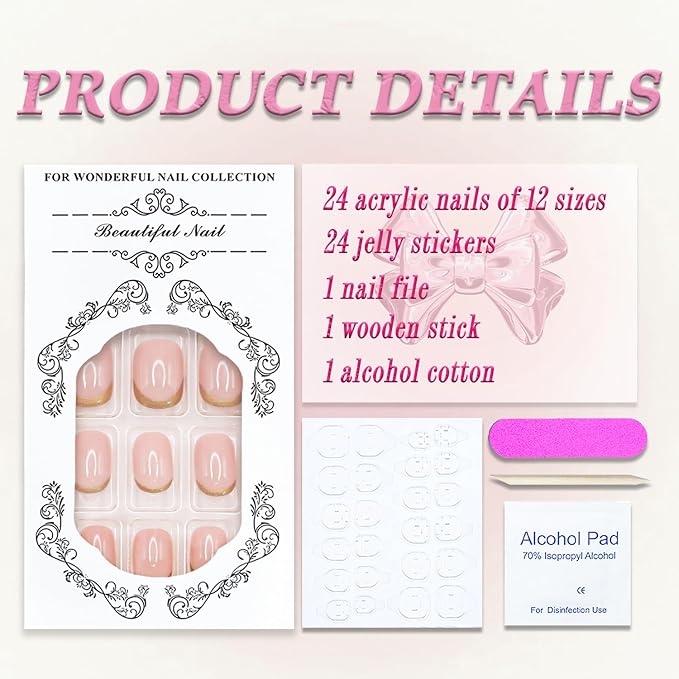 Nude Press on Nails Short Oval MABKJLF Fake Nails Natural Nails False Nails with Gold Glitter Designs Solid Colour Full Cover Glossy Glue on Nails Acrylic Nails for Women Girls 24 Pcs
