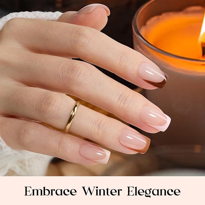 Beetles French Tip Press On Nails - Mocca Mousse French | 7 Colors Short Square Press On Nails Brown | 16 Sizes 224 Pcs Natural Salon Quality For Winter Nails
