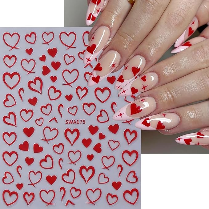 6 Sheets Valentines Day Nail Stickers 3D Self Adhesive Hearts Nail Art Stickers Gold Silver Black White Pink Red Hollow Love Hearts Design Valentine Nail Decals Nail Art Stickers for Acrylic Manicure
