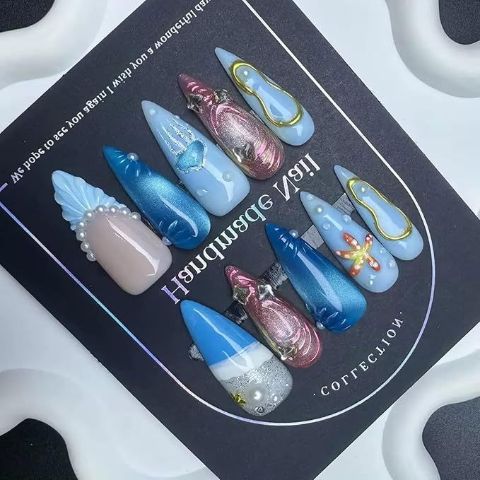 Press On Nails Long Stiletto Handmade Fake Nails with Starfish Design Ocean Glue on Nails Becah False Nails Ombre Blue Summer Handmade Nails Reusable Full Cover for Women Girls Manicure 10PCS Size M