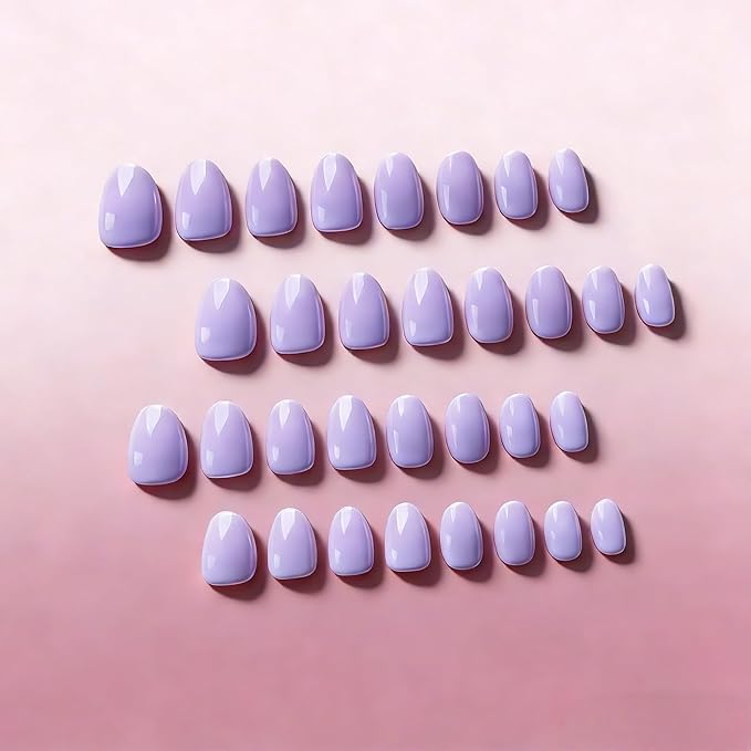 KQueenest Press On Nails Short - Lilac Press On Nails Oval, 32 Pcs 16 Sizes Natural Short Fake Nails Press ons Almond, Reusable Glossy Elegant Lavender Glue on Nail with Glue for Everyday Office Wear