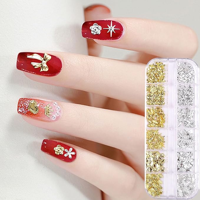 Gold Silver 3D Nail Charms, 2Boxes 24Grids Bow Star Nail Gems Nail Studs,Punk Metal Alloy Rivet Stickers Bowknot Nail Art Decorations Accessories for Nail Art Design DIY Crafts (Gold Silver B)