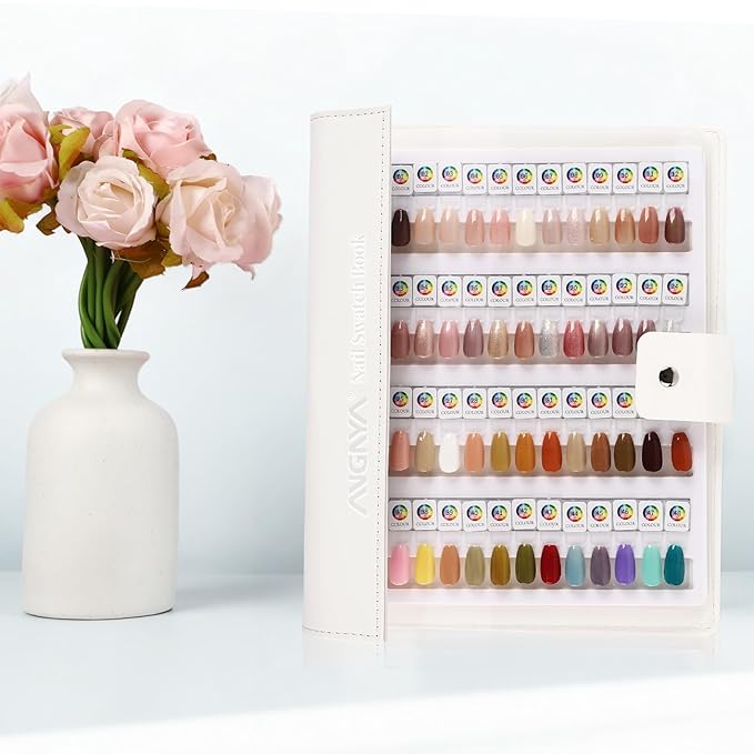 ANGNYA Magnetic Nail Swatch Book，192 Nail Color Book Leather Nail Sample Display Book with 192 Magnetic Tips & 1-240 Number Labels，Perfect for Professional Salon Nail Art Color Chart & Practice Stand