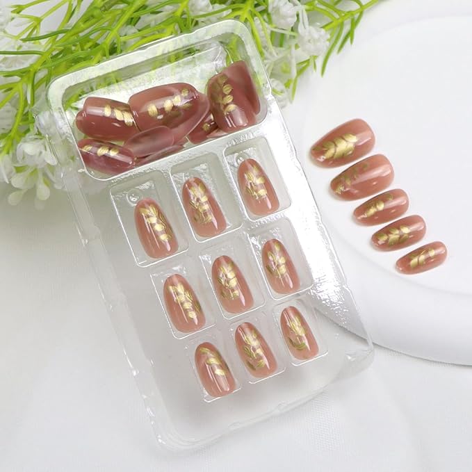 Press on Nails Short Oval Fake Nails with Cat Eye Gold Leaves Designs Nude Pink Glue on Nail Glossy Acrylic Nail Cute Daily Wear Simple Fall Stick on Nail for Women 24 Pcs