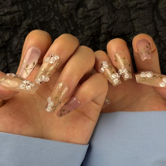 Trendy Handmade Press On Nails Medium Coffin Shape,10Pcs Hand Painted Acrylic Fake Nails with 3D Flower Charm Design Clip On Nail for Woman Gift-Design Concept:"Today's Flowers"