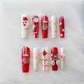 Christmas Press-On Nails, Long Coffin Shape, Red and White Holiday Design with Snowman and Bows, 10 Pieces (Large, LS)