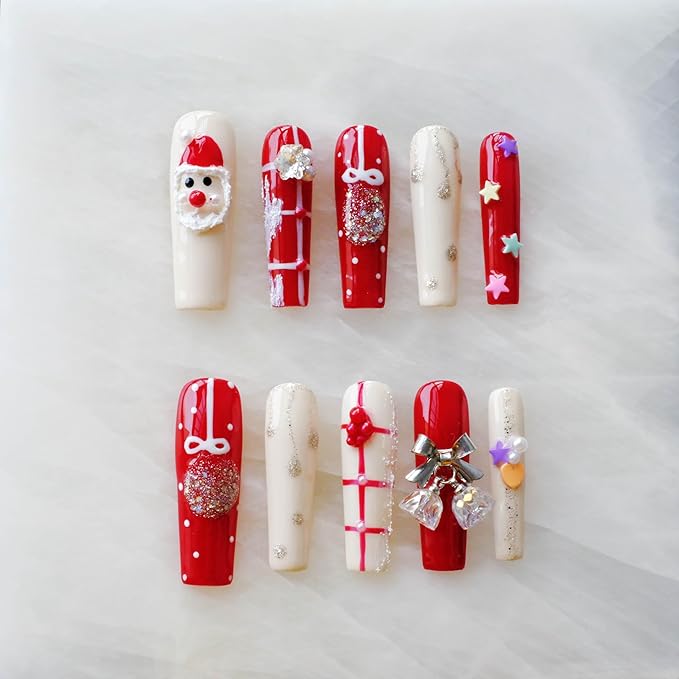 Christmas Press-On Nails, Long Coffin Shape, Red and White Holiday Design with Snowman and Bows, 10 Pieces (XS, LS)