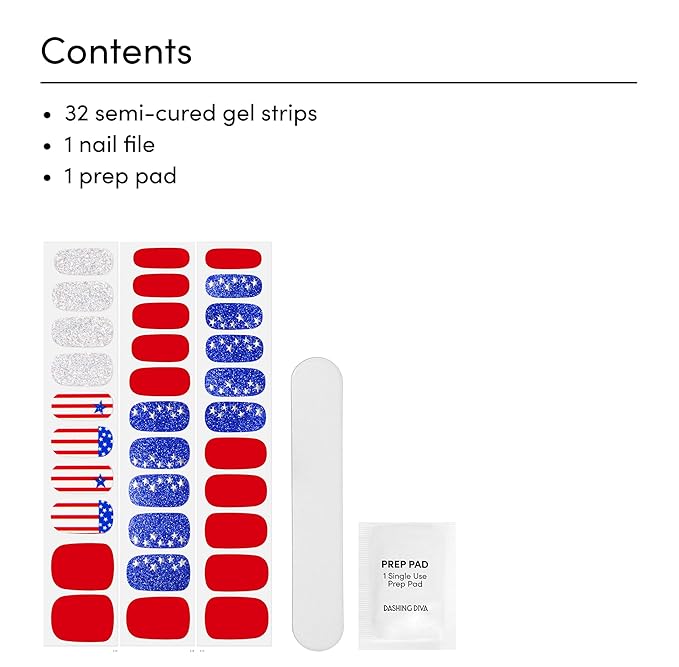 Dashing Diva Patriotic Gloss Nail Strips - National Anthem - UV Free, Chip Resistant, Long Lasting Gel Nail Stickers - 3-Piece Manicure Set - Contains 32 Wraps, 1 Prep Pad, 1 File