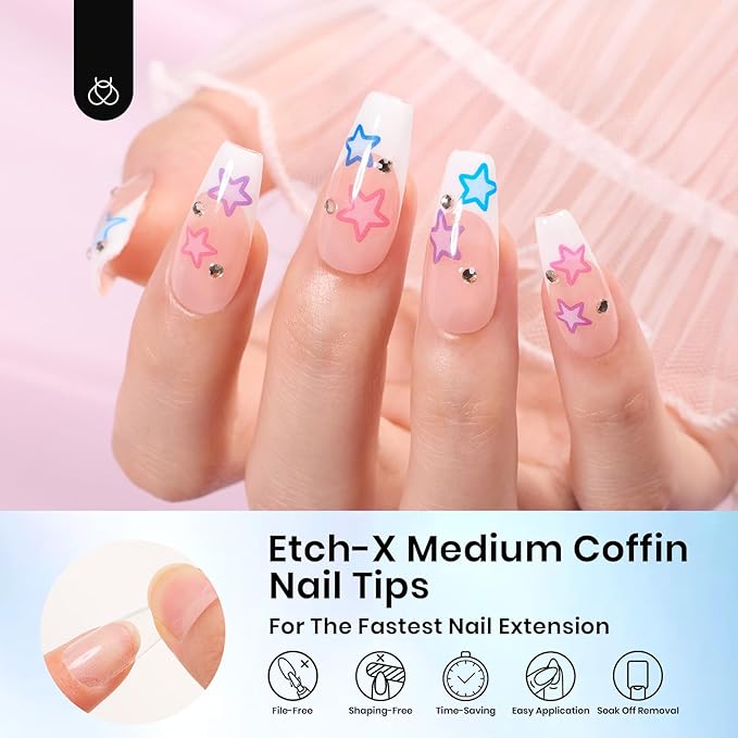 Beetles Gel Nail Tips 288 Pcs Medium Coffin Etch X Nail Tips 12 Sizes Half Matte Press On Nails Full Cover False Nails for Nail Extensions Friendly for Beginner Women