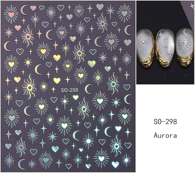 Gold Nail Stickers 5D Embossed Black White Star Nail Decals 3D Self Adhesive Moon Sun Nail Art Stickers Hearts Nails Designs Celestial Nails Supplies for Women DIY Manicure 6 Sheets