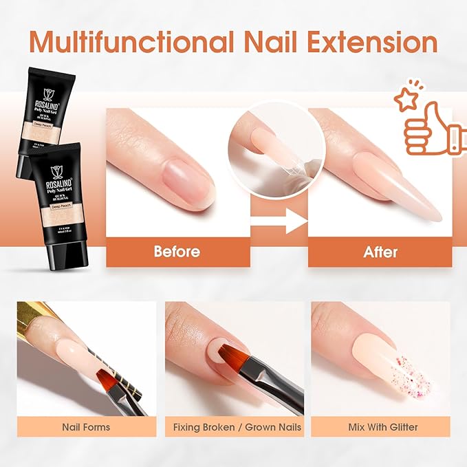 ROSALIND Nude Poly Extension Gel, 60ml Nude Poly Nails Gel for Nail Art Decoration, Hot Builder Color Nail Thickening Extension Easy to DIY Use at Home Need UV Lamp