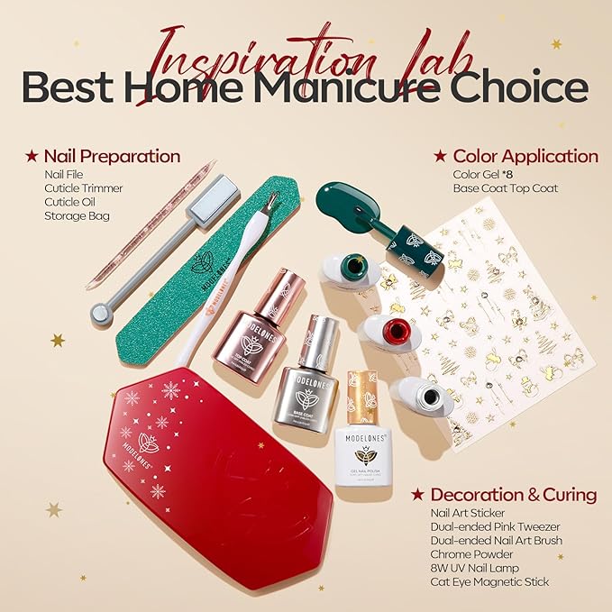 modelones Gel Nail Polish Kit with U V Light, 23 PCS Gel Nail Kit with White Red Cat Eye Green Pink Silver Sparkle Colors Base Top Coat Cuticle Oil Magnet Manicure Tools Stickers Chrome Powder Gift