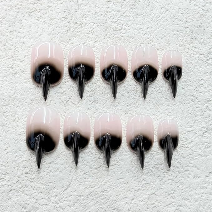 10 Pcs Stiletto Press on Nails Curved Medium Cat Claw Nails Press Ons Unique 3D Black French Tip Cat Claw Handmade Fake Nails Thick Gradient Designs Stick on Nail Glossy Acrylic Nail (S)