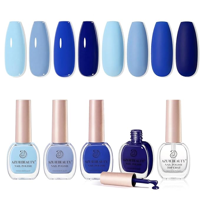 AZUREBEAUTY Nail Polish Set, Quick Dry Non-Gel Fingernail Polish, 4 Colors(Sky Baby Royal Navy Blue) Glossy DIY At-Home Manicure Gift Set for Women