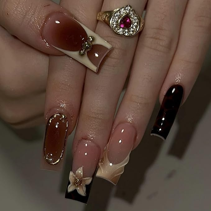 Square Press on Nails Long Fake Nails Brown Artificial Nail Seeneey Flowers and Gold Charm Designs Leopard Stick on Nail for Women 24pcs
