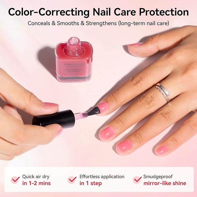 Illuminating Nail Concealer Sheer Pink Ridge Filler Base Coat 4-in-1 Brightening Nail Polish Foundation Perfector & Growth Nail Strengthener for Damaged, Yellowing Nails,15ml Quick Dry