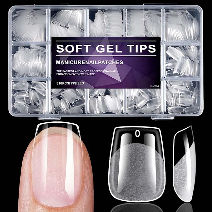 510pc Short Coffin Nail Tips, Soft Gel Nail Tip Coffin Fake Nails Artificial Fingernail, 15 Sizes Full Cover Clear Press on Nail Short Acrylic Nails Tips for Nail Extension, Press Nails Making