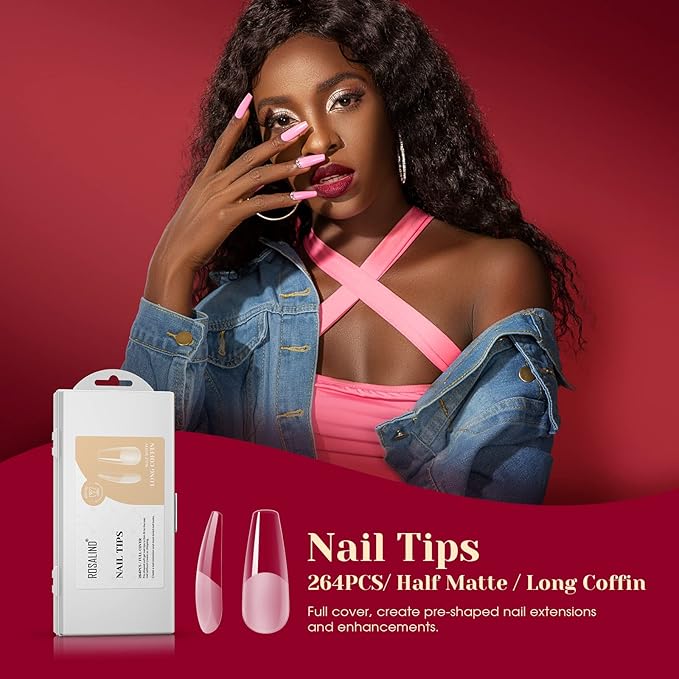 264PCS Half Matte Long Coffin Soft Fake Nail Tips, ROSALIND 12 Size Soft Full Cover False Tips Half Matte Long Coffin Gel Nail Tips for Nail Extension Acrylic (One-Sided No File)
