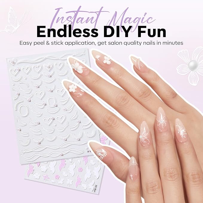 modelones Gel Polish Nail Stickers, 3D Embossed Floral Self-Adhesive Nail Decals, Butterfly&White Elegant Lace Flowers Petals Nail Art Design for Spring Summer Manicure DIY Nail for Women & Kids 5Pcs
