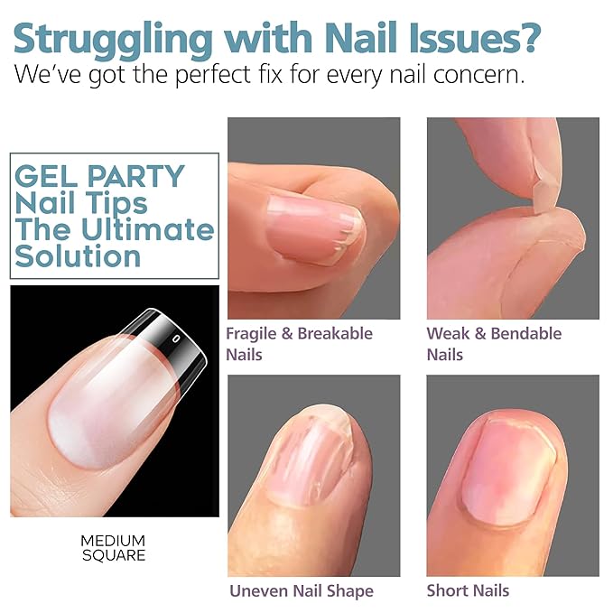 GELPARTY Soft Gel Nail Tips Medium Square - 240Pcs Pre-Buffed Matte Full Cover Tips - No Filing Needed, Soak Off Gel Extension System - Clear False Nails (12 Sizes)