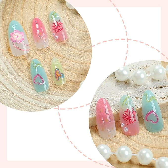 30Pcs Summer Press on Nails Medium Almond Fake Nails with 3D Starfish Designs, 30pcs Beach Press on Nails, 1pc Nail File, 24pcs Nail Jelly Stickers, 1pc Wooden Stick