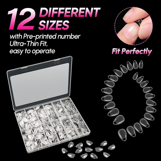 AIMEILI Extra Short Almond Fake Nails, 504pcs Pre-shape Gel Acrylic Nail Tips Press on Nails for Full Cover Nail Extension Home DIY Nail Salon 12 Sizes