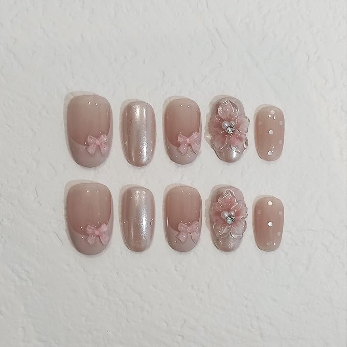 Pink French Tips Press on Nails Short Oval 10 Pcs with Tool Kit,3D Flower Fake Nails with Gel Effect,Handmade Pink Sweet Cute Nails with Bow & Dots Designs,Easy Press ons Whitening Nails(L)