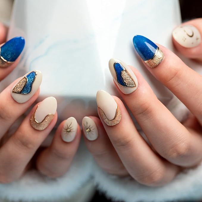 Sun&Beam Nails Handmade Press-On Short Almond with White Blue Gold Color 3D Design Charm Cat Eye Cute False Nail Tips 10 Pcs (#81 L)