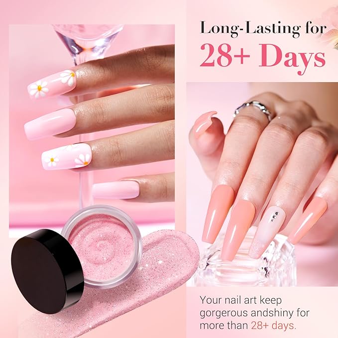 AZUREBEAUTY Pink Dip Powder Nail Set, All Season 6 Colors Nude Pink Glitter Cherry Blossom Shades Dipping Powder Nail Starter Kit French Art Manicure DIY Gifts for Women, No Need Nail Lamp Cured