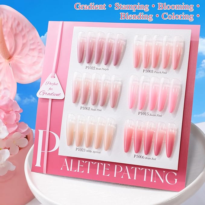 Double Rhythm Painting Gel Polish Set for Nail Art Palette Patting Gel Polish 6 Colors with 100 Pcs Sponges and Grabbing Pen (Nude Pink Purple Rose-T6-65)