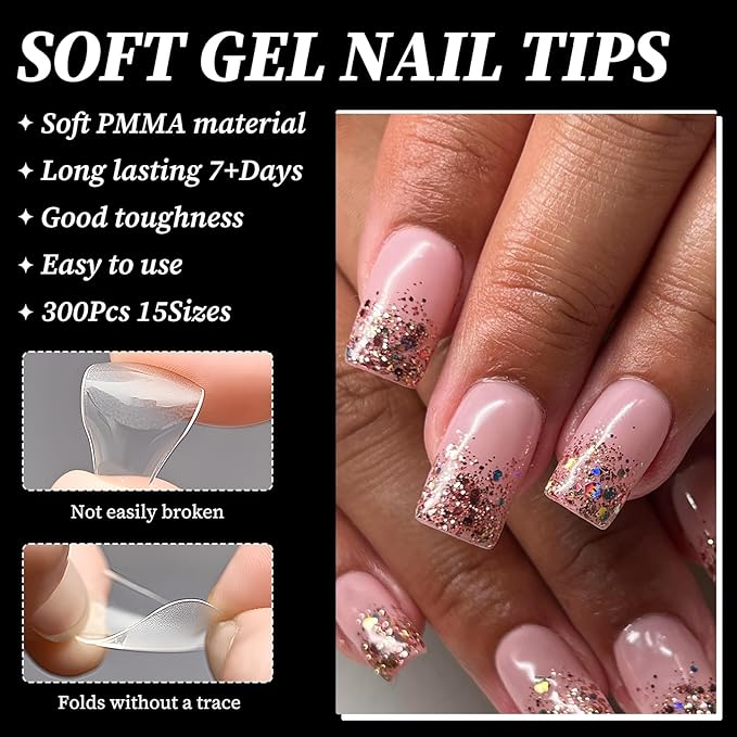 300pc Short Square Gel Nail Tips Clear Fake Nail, Clear Press on Nails Short Square Soft Gel Nail Tips Full Cover Acrylic Nails Full Cover False Nail Artificial Fingernail for Nail Extensions