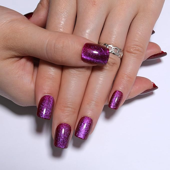 Royal Purple Cat Eye Press On Nails Short Square, Magenta Tone Cat Eye Nail Design, Glossy Soft Gel Press On Nails, Natural Reusable Glue On Nails Kit for Women, 15 Sizes 30 Pcs