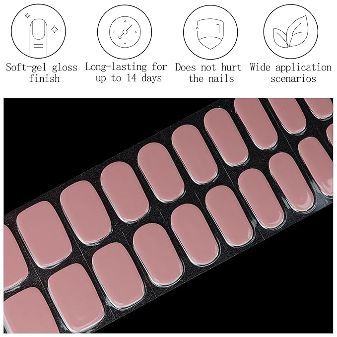20Pcs Semi Cured Gel Nail Strips Dusty Rose Gel Nail Stickers Polish Nails Wraps UV/LED Light Needed Full Gloss Nails Polish Strips for Women Includes Prep Pads, File, Wooden Cuticle Stick