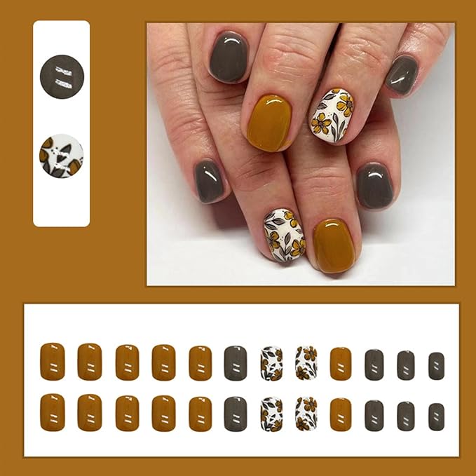 Fall Press on Nails Short Square Fake Nails with Floral Designs Yellow Nails Press ons Grey Acrylic Nails Glossy Glue on Nails Fall Flower Leaves Artificial Stick on Nails for Women Girls 24 Pcs