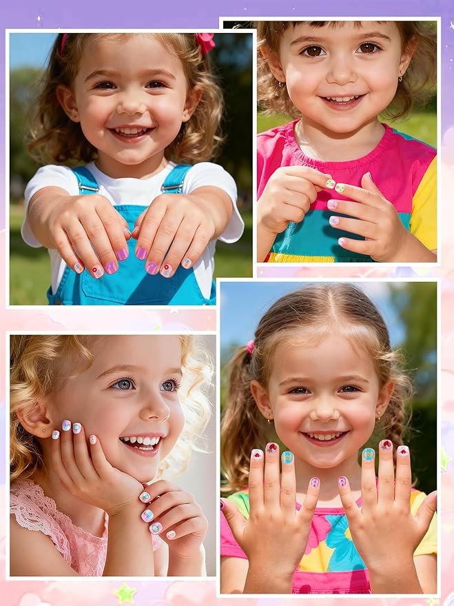 EBANKU 168 Pcs Press on Nails for Kids, Christmas Mini Almond Fake Nails, Reusable Nail Kit with Nail Glue Adhesive Tabs for Girl