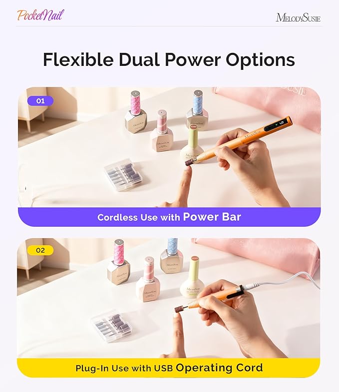 MelodySusie PocketNail Pen-Shaped Cordless Modular Nail Drill, Extended Kit, PC100GR 20000RPM Slim Portable Rechargeable Electric File for Nail Care & Gel Removal at Home for Beginners, Party Peach