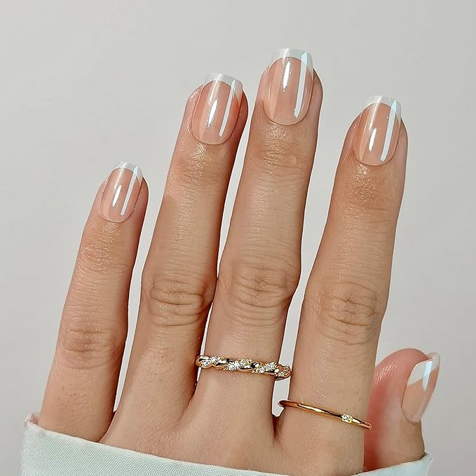 Press On Nails - Sweetie | Chrome Press On Nails Short Square Fake Nails White French Tip Nails | 32 Nails, 16 Sizes Kit with Glue and Adhesive Tabs