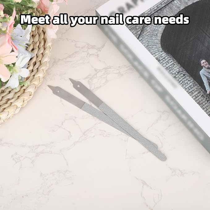 2pcs Diamond Dust Double Sided Deb Nail Files, Stainless Steel Toe Nail Files with Sharp Pointed Tip Metal Professional Manicure Pedicure Tools for Fingernail & Toenail