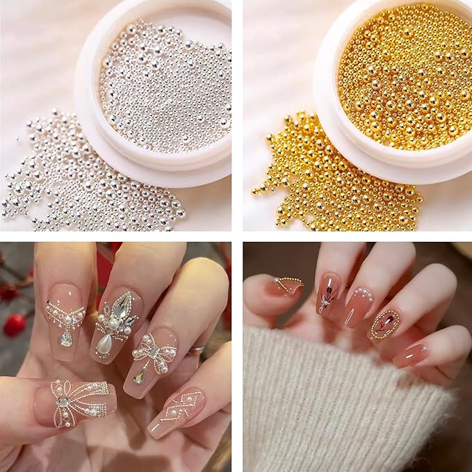 Nail Charms Jewels Manicure Kit with Magnetic Pen Pickup Pencil and Tweezers, Gold Silver Mini Metal Caviar Nails Beads, Flatback Pearls Nail Gems for Nail Art Face Makeup and Manicure Decor
