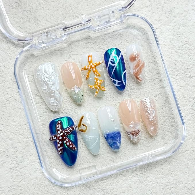 Medium Almond Thick Press on Nails Handmade Nails with Glue,Reusable Ocean Nails Sea Star Conch Designs Fake Nails Nude Pink Acrylic Nails Nature Stick on Nail False Nails for Wome (Size M)