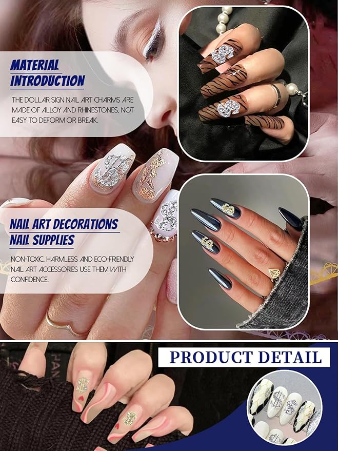 20Pcs Money Dollar Nail Charms, Wsimily 3D Silver Gold Alloy Dollar Rhinestones Nail Art Charms Shiny Money Sign Crystal Nail Decorations for Women Girls Nail Art Craft Jewelry DIY