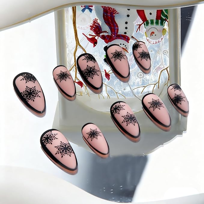 24pcs Black Snow Medium Almond Press On Nails, Reusable Nail Kit with Adhesive Tabs for Daily party and Christmas, 10 Sizes (Black Snow)