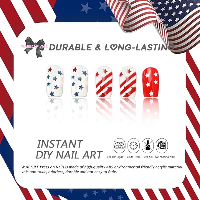4th of July Press-On Nails Medium Square 24 Pcs Acrylic False Nails with Stars, Red, White Stripes Designs, Glossy Finish