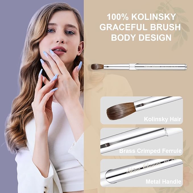 2Pcs Acrylic Nail Art Brushes Size 8 10, 100% Pure Kolinsky Hair Oval Nail Brush for Acrylic Application, Professional Nail Extension Manicure Tool Striping Nail Drawing Pen for Home